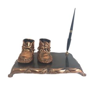 Vintage Bronze/Copper Color Baby Shoe‎ Pen Holder Footed Desk Decor